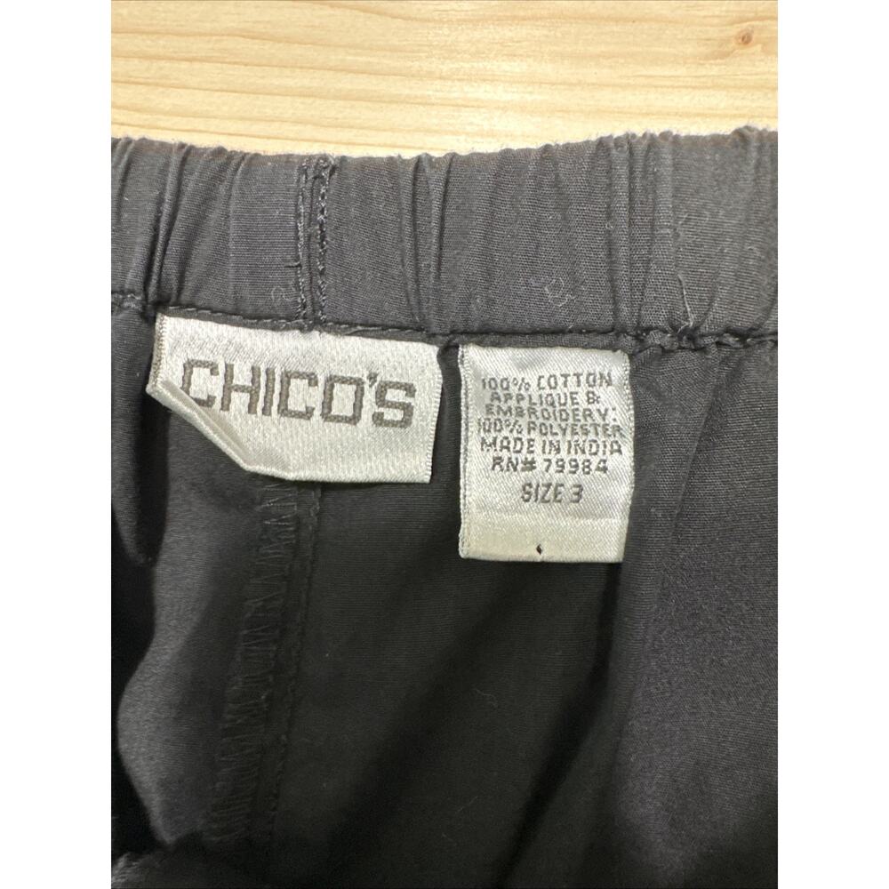 CHICOS Wide Leg Cropped Pants Womens 3 XL/16 Black Asian Embroidered Travel - Picture 2 of 10
